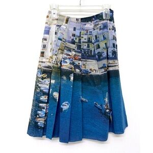 Akris Marina Grande Capri Port Print Pleated Skirt Blue Buildings Boats Water 6